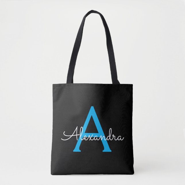 Blue Black Girly Script Monogram Name Modern Tote Bag (Front)