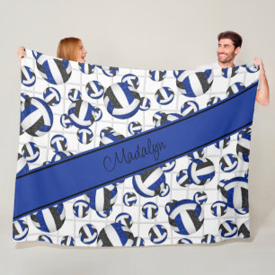 Blue black girly volleyballs pattern w net accent fleece blanket