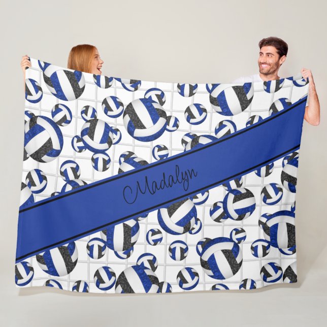 Blue black girly volleyballs pattern w net accent fleece blanket (In Situ)