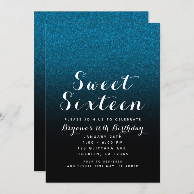 Blue & Black Glitter Sparkle Glam Sweet 16 Party Invitation (Front/Back)