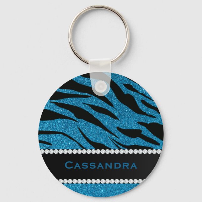 Blue & Black Glitter Tiger Print Diamonds Name Key Ring (Front)