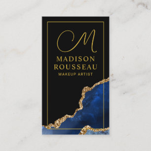 Blue Black Gold Agate Monogrammed Makeup Artist Business Card