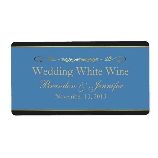 Blue, Black & Gold Custom Wedding Mini Wine Labels (Front)