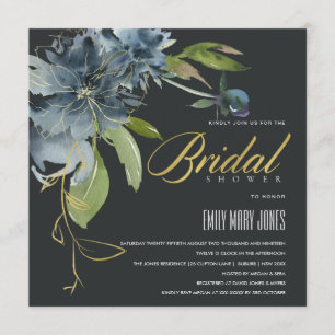 BLUE BLACK GOLD FLORAL WATERCOLOR BRIDAL SHOWER INVITATION