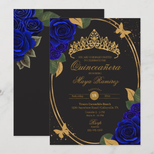 Blue Black Gold Glitter Butterfly Quinceañera  Invitation
