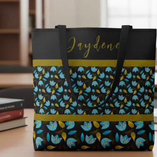 Blue Black Gold Modern Custom Floral Tote Bag