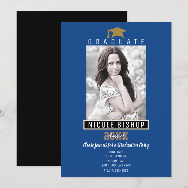 Blue Black Gold Modern Graduation Photo Party  Invitation (Front/Back)