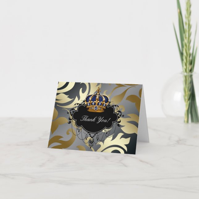 Blue Black Gold Prince Crown Thank You Cards (Front)
