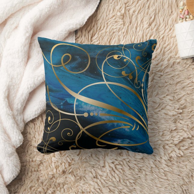 Blue Black Gold Swirls Flourishes Cushion (Blanket)