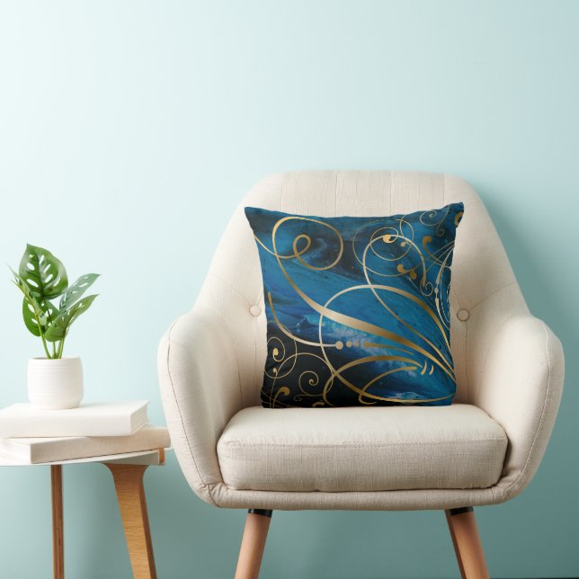 Blue Black Gold Swirls Flourishes Cushion (Chair)
