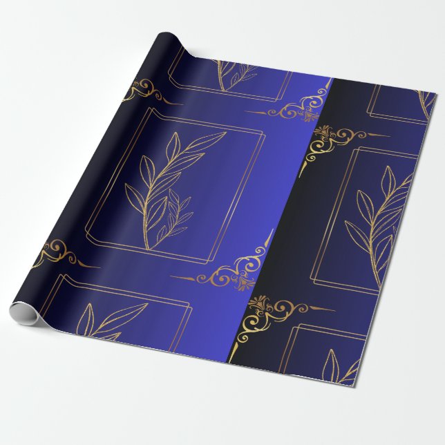 Blue&Black Gradient Golden Frame Patterned Wrapping Paper (Unrolled)