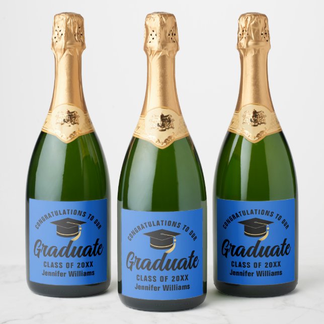 Blue Black Graduate Custom Graduation Party Sparkling Wine Label (Bottles)