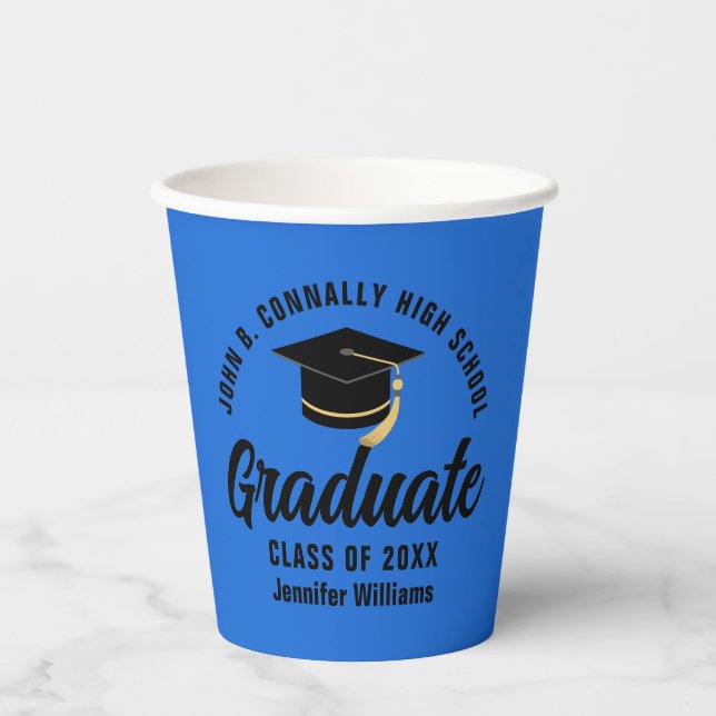 Blue Black Graduate Personalised Graduation Party Paper Cups (Front)