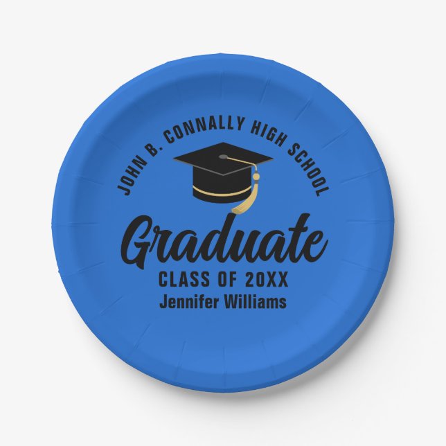 Blue Black Graduate Personalised Graduation Party Paper Plate (Front)
