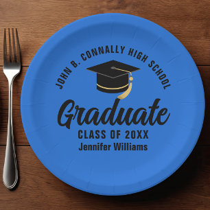 Blue Black Graduate Personalised Graduation Party Paper Plate