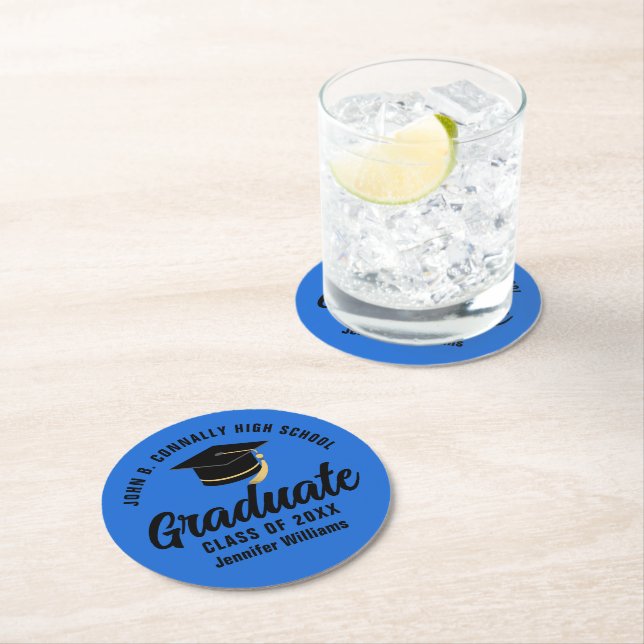 Blue Black Graduate Personalised Graduation Party Round Paper Coaster (Insitu)