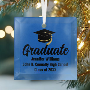 Blue Black Graduate Personalized Graduation Glass Tree Decoration