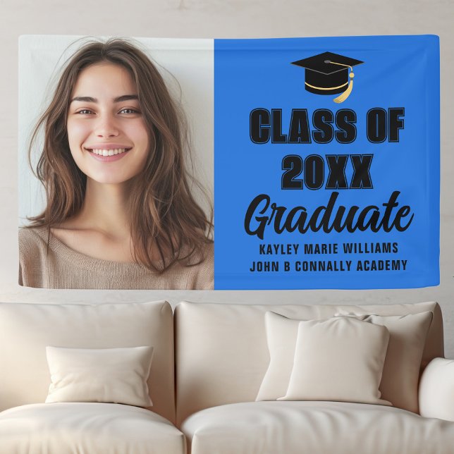 Blue Black Graduate Photo Modern Graduation Party Banner (Creator Uploaded)