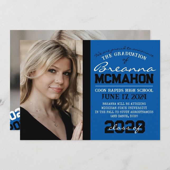 Blue & Black Graduation 2 Photo Announcement (Repeating Class Year 1 & 2 Photo Graduation Invitations & Announcements)