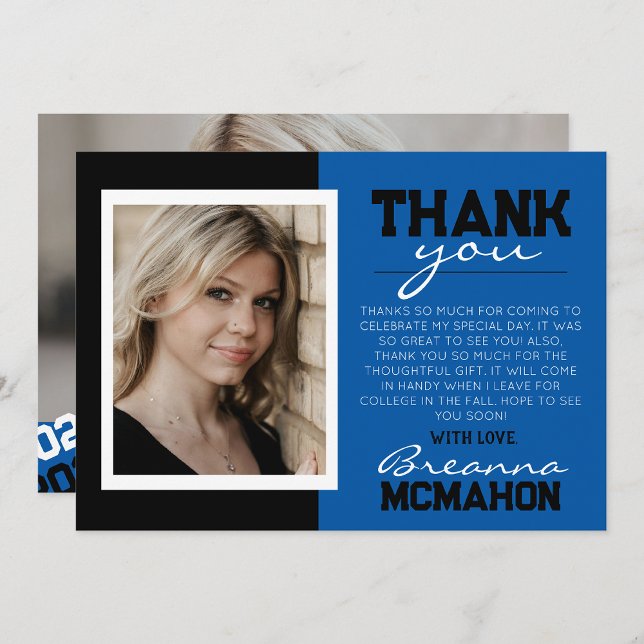 Blue & Black Graduation 2  Photo Thank You Card (Creator Uploaded)