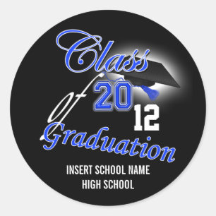 Blue black graduation "class of" announcement classic round sticker