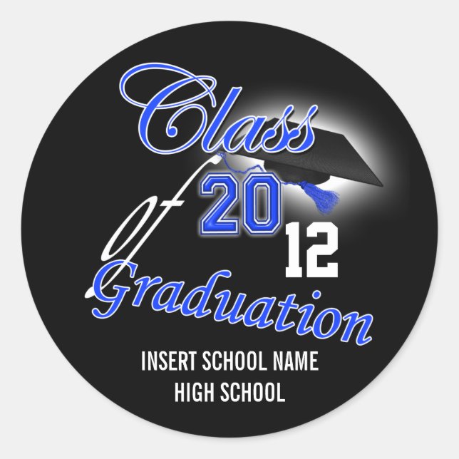Blue black graduation "class of" announcement classic round sticker (Front)