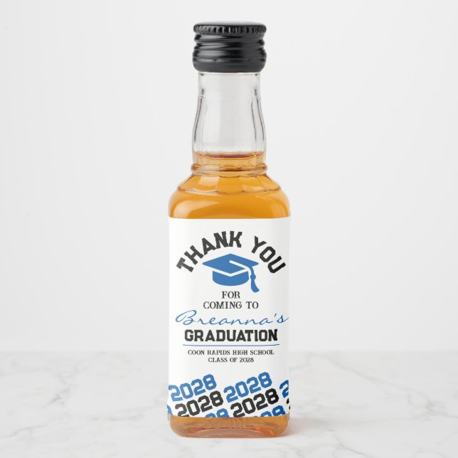 Blue & Black Graduation Thank You Mini Liquor Bottle Label (Front)