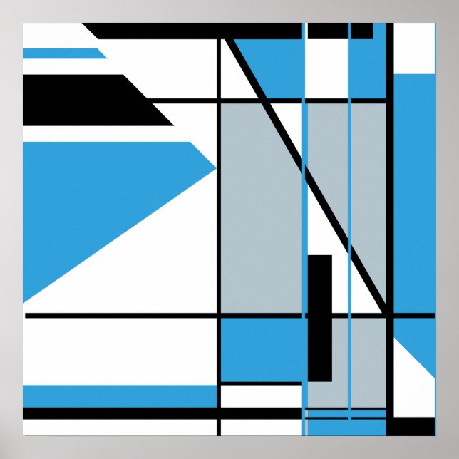 Blue Black Gray on White Abstract Mosaic-like Look Poster (Front)