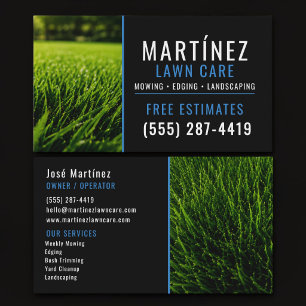 Blue & Black Green Grass Lawn Service Landscaping Business Card