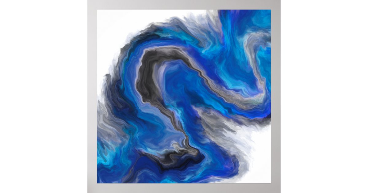 Blue Black Grey Jewel Tone Fluid Art Painting Poster