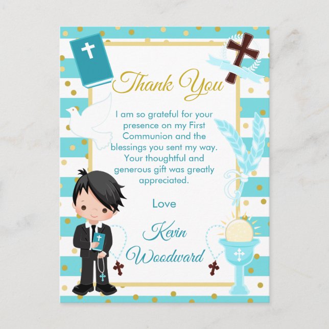Blue Black Hair Boy First Communion Thank You Postcard (Front)