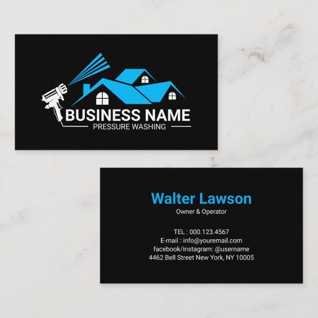 Blue Black House Pressure Washing Service Business Card (Front/Back)