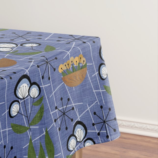 Blue, Black, Houseplants | Mid-Century Modern Tablecloth (In Situ)