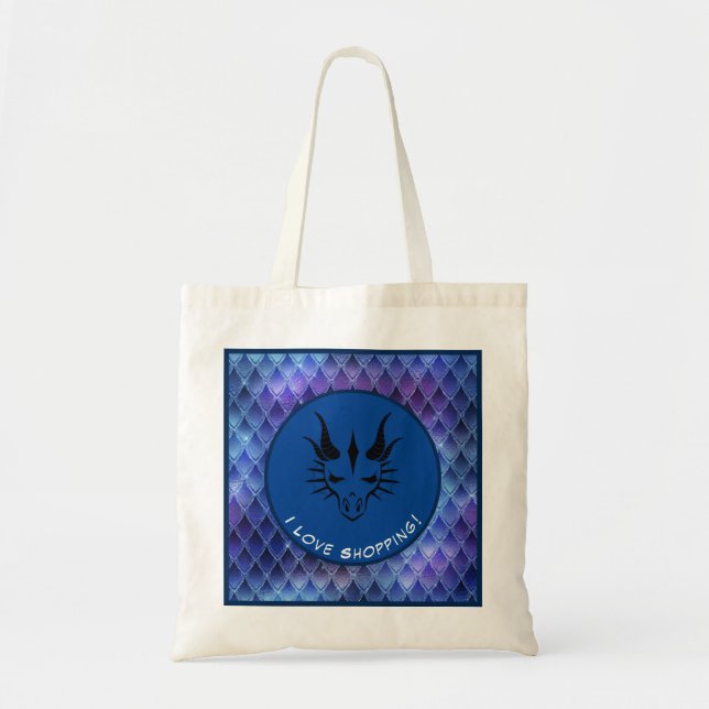 Blue & Black I Love Shopping Dragon Head & Scales Tote Bag (Front)