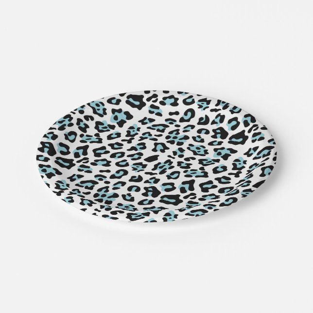 Blue Black Leopard Animal Print Pattern Paper Plate (Angled)