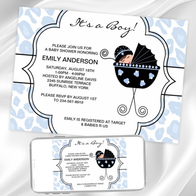 Blue Black Leopard Baby Boy Shower Invitations (Sweet carriage baby shower invitation. Instant download and printed invitations available.)