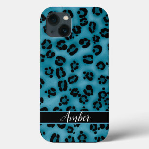 Blue Black Leopard Print Personalised iPhone 13 Case