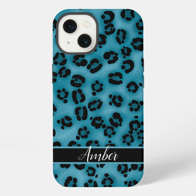 Blue Black Leopard Print Personalised iPhone Case (Back)