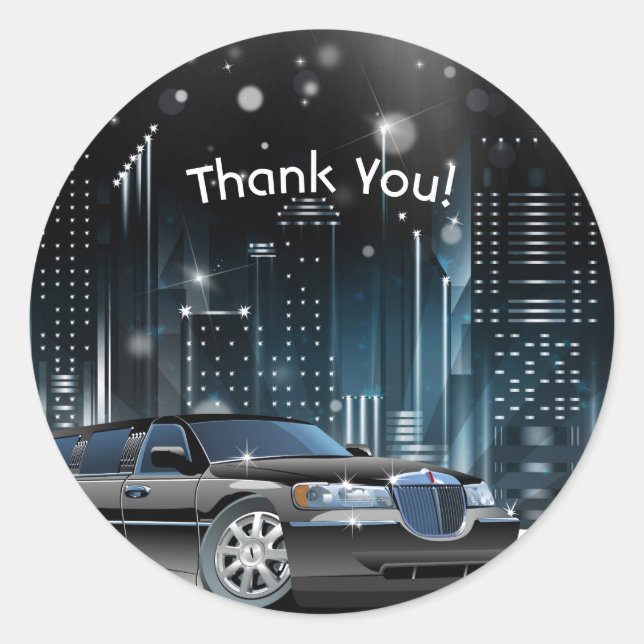 Blue & Black Limo Night in the City Birthday Party Classic Round Sticker (Front)