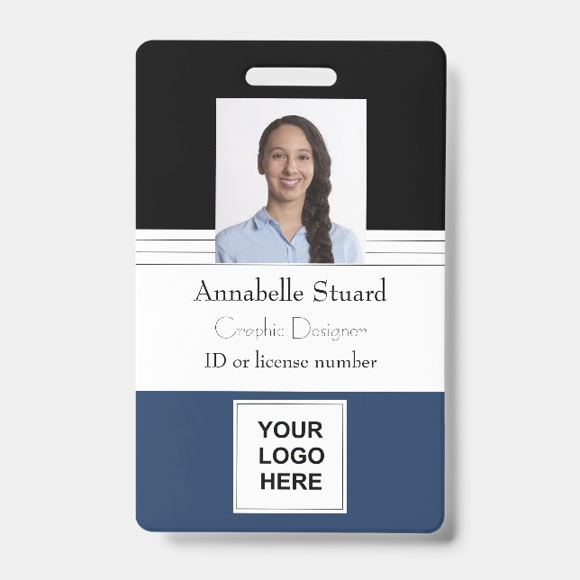 Blue Black Lined Name photo employee corporate Bad ID Badge (Front)