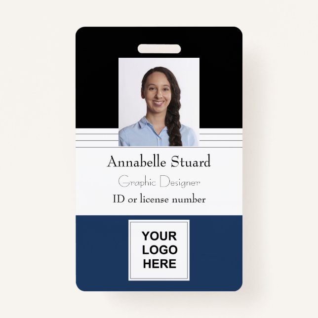 Blue Black Lined Name photo employee corporate Bad ID Badge (Front)