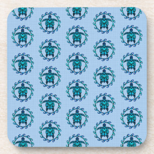 Blue Black Maori Sun Symbol Tribal Turtles Coaster
