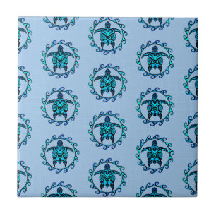 Blue Black Maori Sun Symbol Tribal Turtles Tile