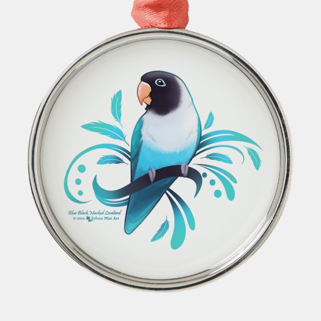 Blue Black Masked Lovebird Metal Tree Decoration (Front)