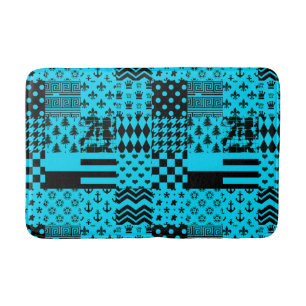 Blue Black Mixed Patterns Patchwork Design Bath Mat