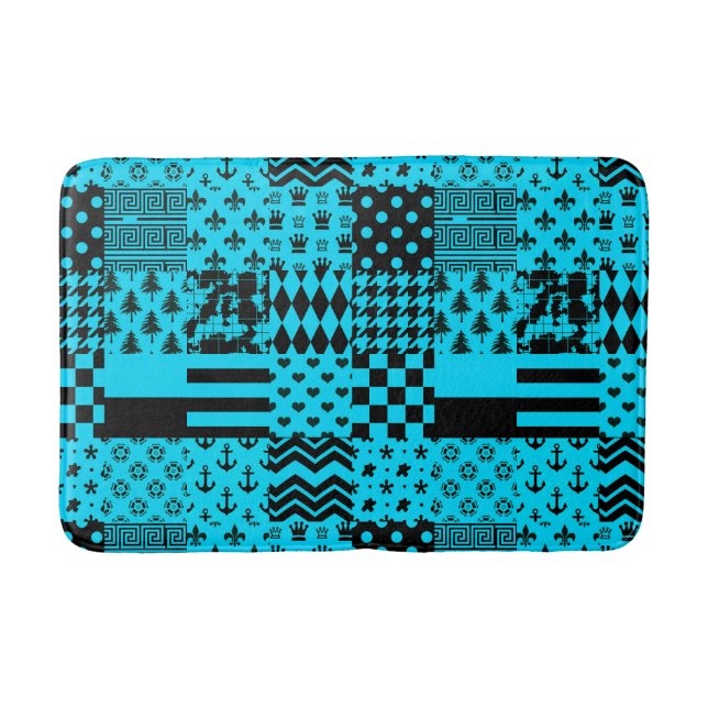 Blue Black Mixed Patterns Patchwork Design  Bath Mat (Front)
