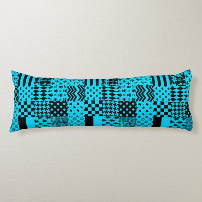 Blue Black Mixed Patterns Patchwork Design  Body Cushion (Front)