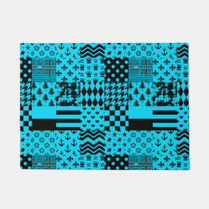 Blue Black Mixed Patterns Patchwork Design Doormat