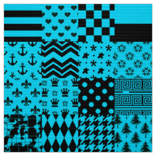Blue Black Mixed Patterns Patchwork Design Fabric