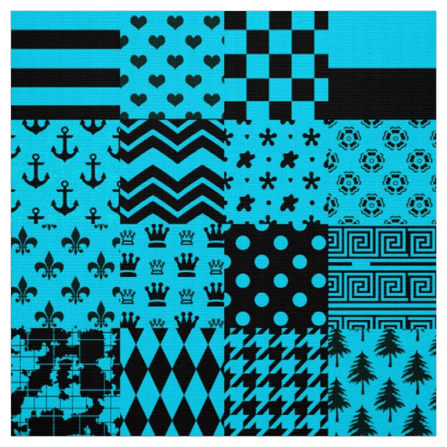 Blue Black Mixed Patterns Patchwork Design  Fabric (Swatch)